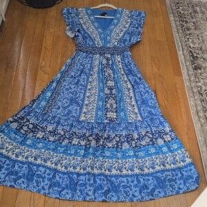 MAISON TARA BRAND WOMEN'S LONG BLUE RUFFLED FLORAL DRESS RUFFLED SLEEVES SIZE 8